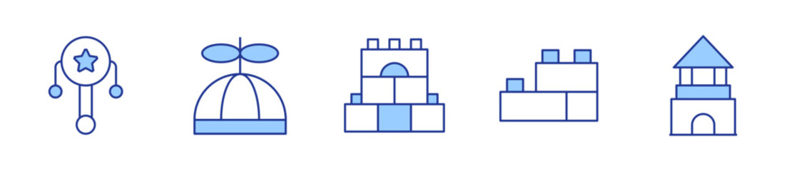 rattle drum, construction, blocks, propeller. Toys Icon vector illustration. Line Duotone style. Editable stroke