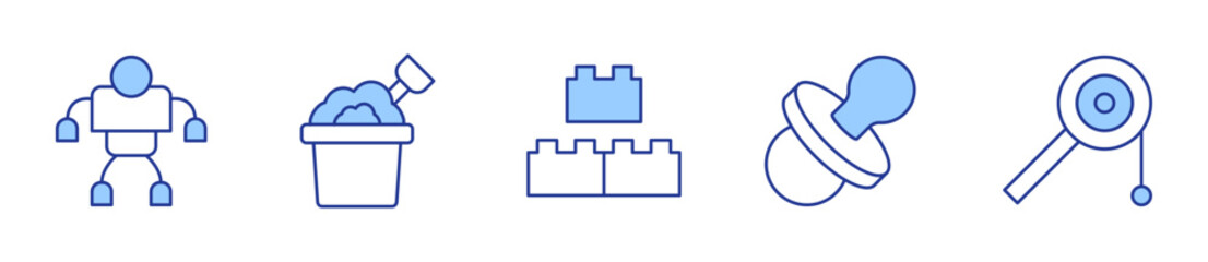 robot, block, babies, toy, sand bucket. Toys Icon vector illustration. Line Duotone style. Editable stroke