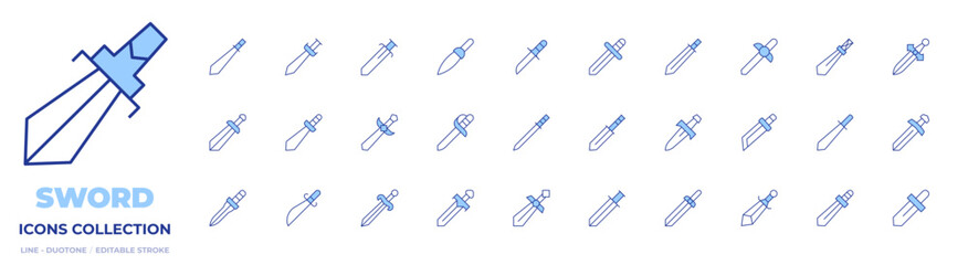 Sword icons collection. Line Duotone style, editable stroke. sword, battle, katana, dagger