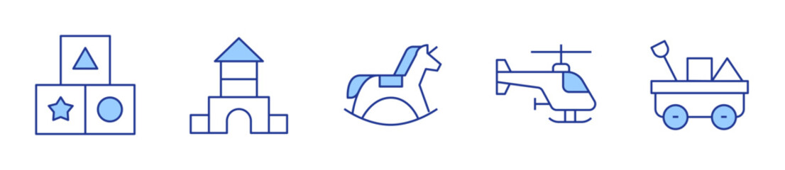 toy castle, cart, rocking horse, helicopter, blocks. Toys Icon vector illustration. Line Duotone style. Editable stroke