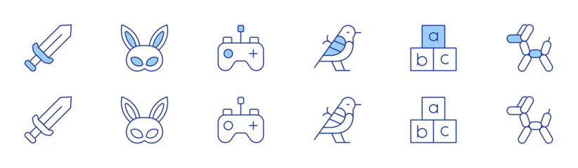Toys icon set in two styles, Duotone and Thin Line style. Editable stroke. bird, abc, sword, mask, balloon dog, remote control