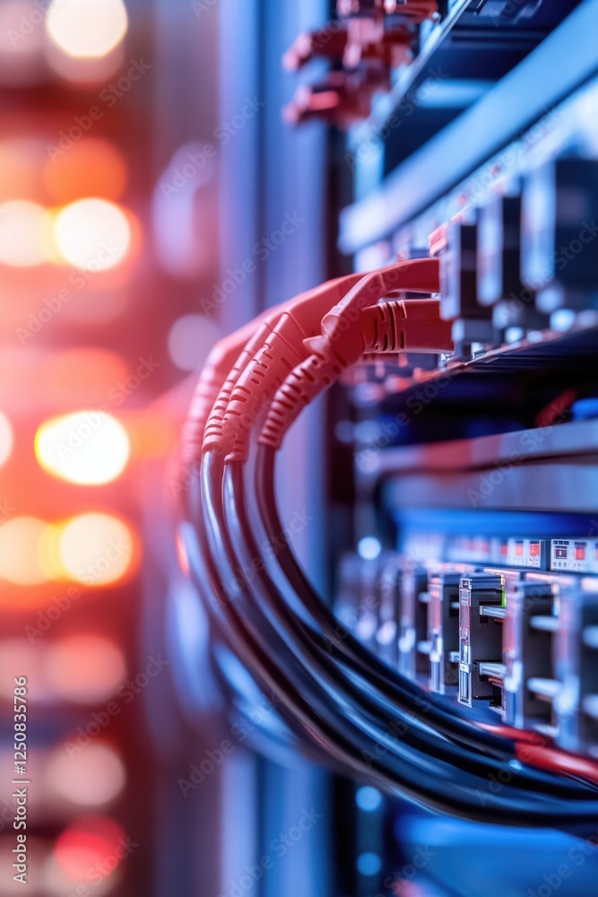 Poster close-up of wires connecting to a server, great for tech-related images or illustrations