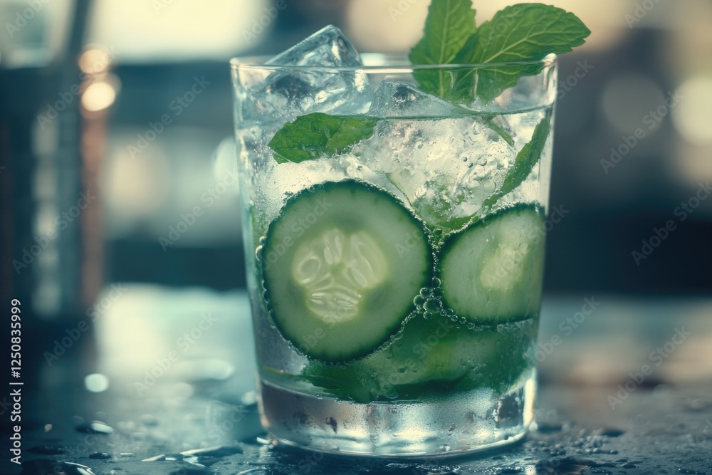 Aufkleber a refreshing beverage with cucumber slices and ice cubes, perfect for hot summer days