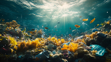 Fototapeta premium Coral with only trash surrounding it It's a bad underwater environment.