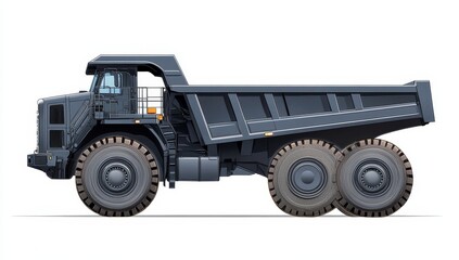 Dark grey mining dump truck, side view, isolated