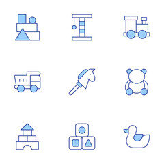 Toys icons set. Line Duotone style, editable stroke. blocks, brick, truck, horse, toy train, duck, bear, scratching post