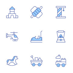 Toys icons set. Line Duotone style, editable stroke. toy castle, cart, blocks, rocking horse, toy machine, dough, cat toy, helicopter, car