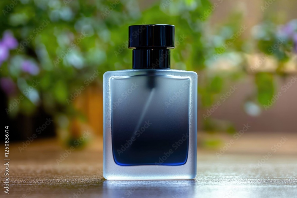 Poster a bottle of perfume sits on top of a table, ready for use