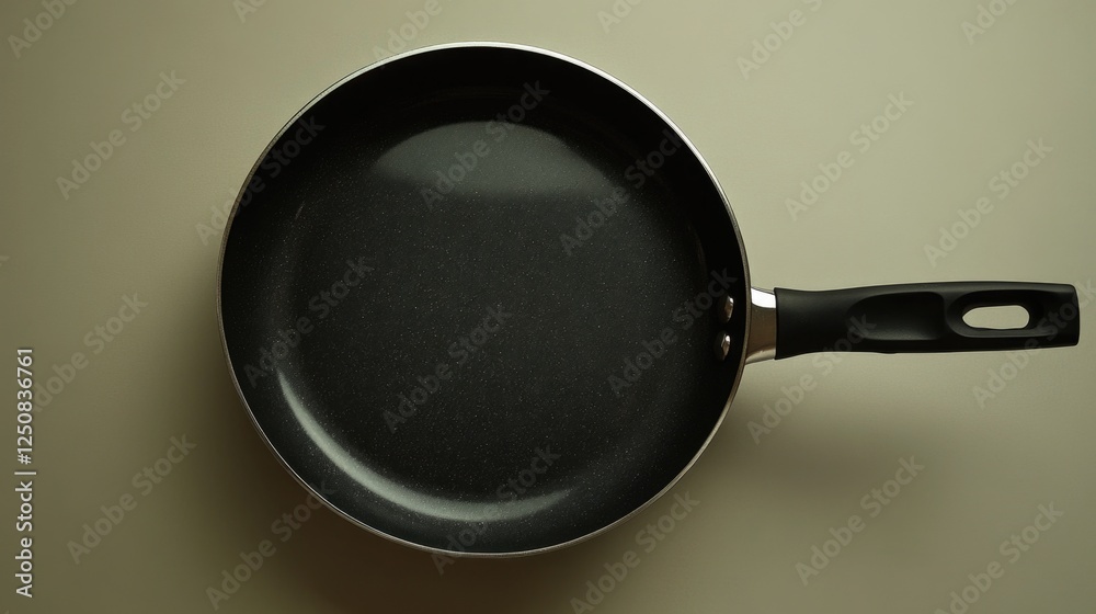 Poster A close-up shot of a frying pan with a handle on a table, ready for use