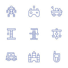Toys icons set. Thin Line style, editable stroke. cart, robot, scratching post, toy car, remote control, scratcher, toy blocks, crib toy, cell phone