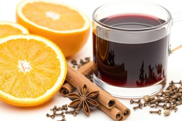 A warm cup of mulled tea accompanied by sliced oranges and aromatic spices