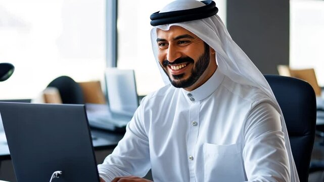 Middle aged businessman Arabic sheikh smiling in office, arabic, middle east concept.