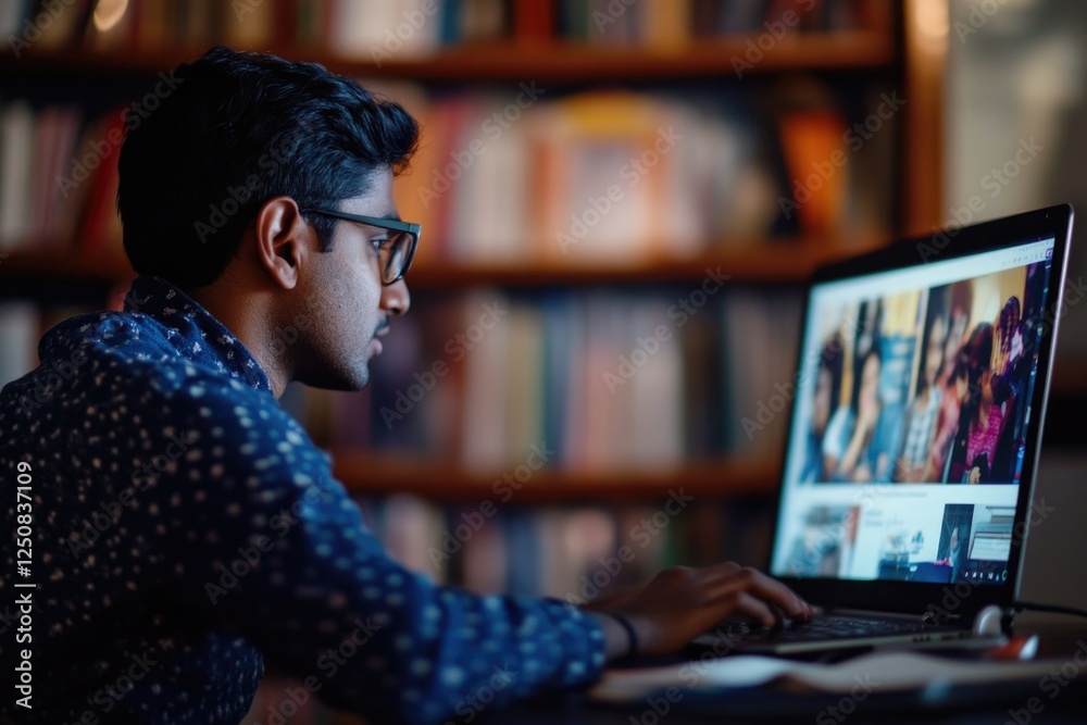 Poster a person sitting at a desk with a laptop open, possibly working or studying