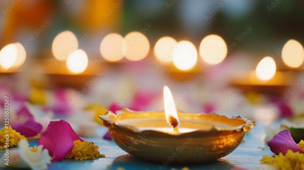 Poster traditional oil lamps surrounded by colorful petals creating a festive and joyful scene : generative
