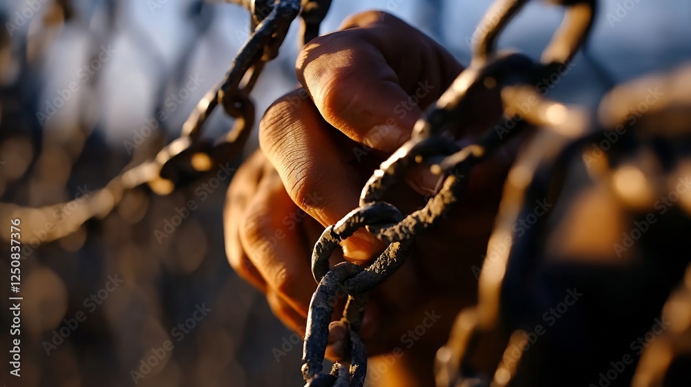 Poster human hand gripping a rusty chain in a dramatic sunset lighting emphasizing strength and resilience 