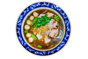 Top view of Chinese clear soup and Beef noodle and chopsticks ,die cut on white isolated, focus selective