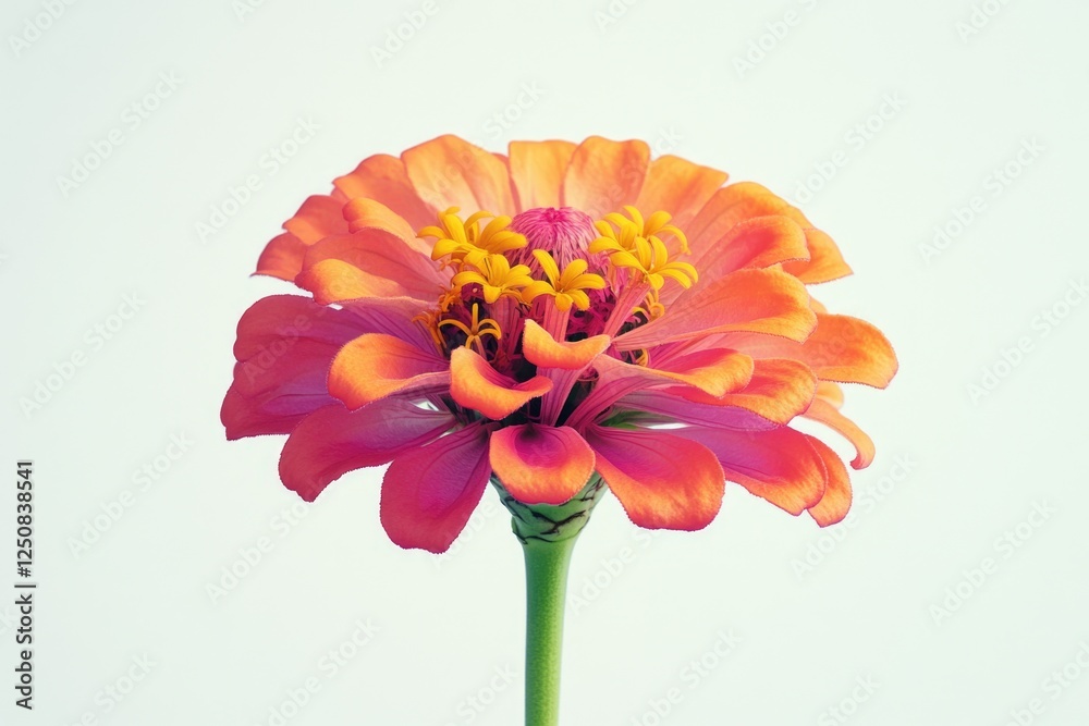 Poster a single pink flower with a bright yellow center on a white background, perfect for use in designs r