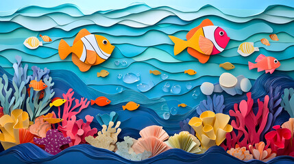 Fototapeta premium layered paper ocean scene with colorful fish, corals, and gentle sea waves 