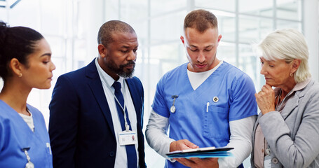 Healthcare, medical team and meeting in hospital with folder, collaboration and patient report...