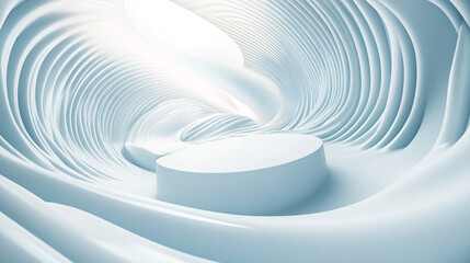 Futuristic display podium in white and blue in an abstract architectural space with curved modern structures and minimalist lighting effects