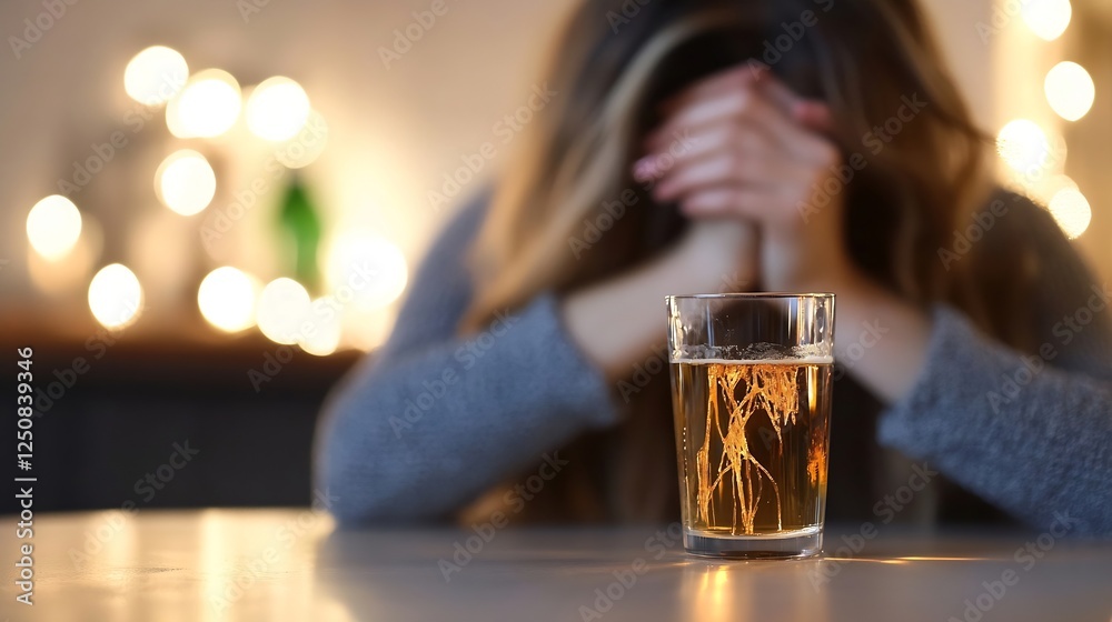 Poster woman with hands clasped over her face in distress with a glass of drink in front during a difficult