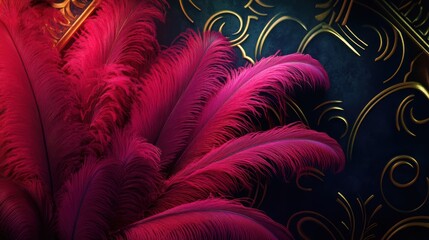 Crimson Ostrich Feathers Against a Dark Gold Ornate Background: A Luxurious and Dramatic Still Life