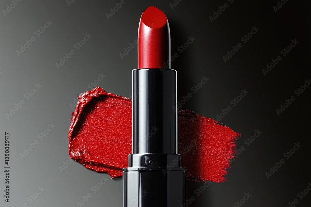 Poster a close-up shot of a red-stained lipstick, suitable for use in editorial or commercial contexts
