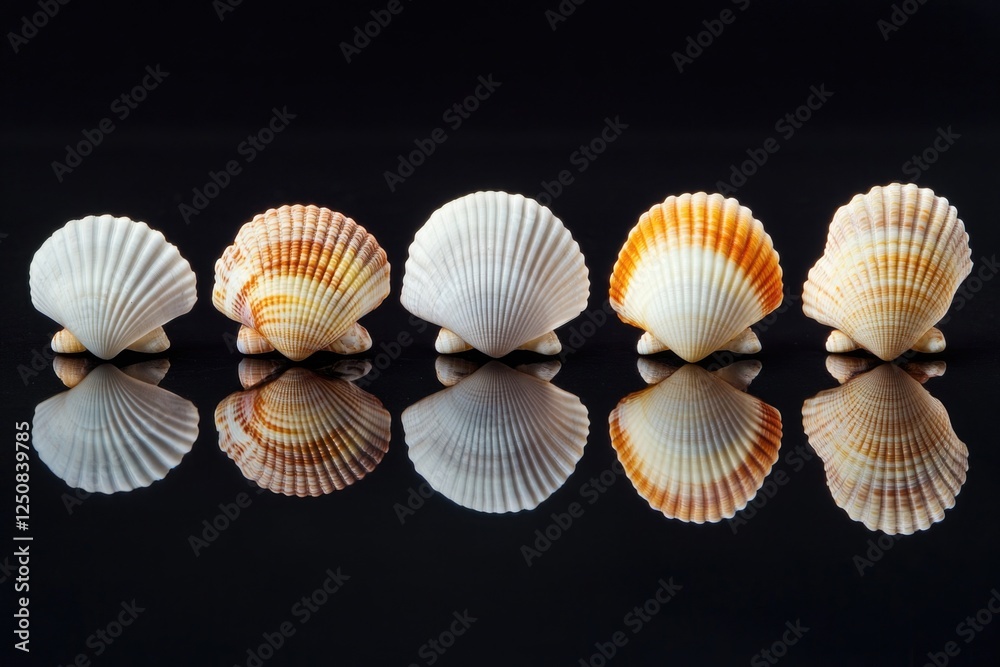 Aufkleber Seashells arranged on a reflective surface, creating a symmetrical and visually appealing composition
