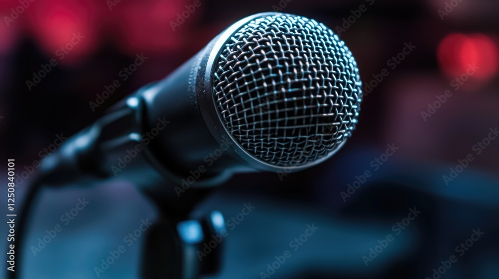 Poster Close-up shot of a microphone placed on a stand, ready for use