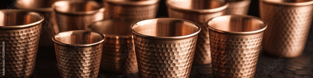 Poster a collection of copper cups sitting on a table, great for use in still life photography or as a deco