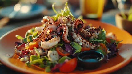 Grilled octopus squid and prawn salad with mixed salad and sauce in a orange plate