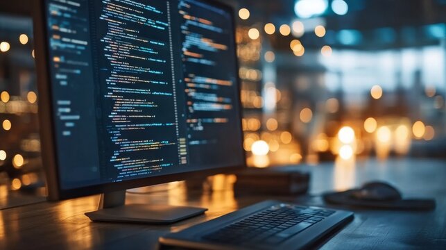 Computer screen displaying code in a cozy workspace with blurred lights in the background