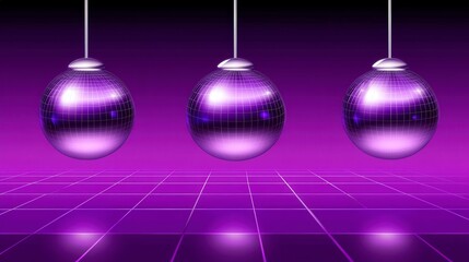 Three Floating Purple Disco Balls on a Gridded Purple Floor - Abstract Geometric Design
