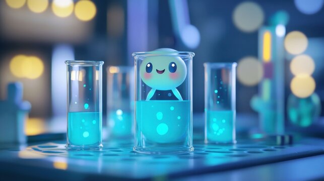 2D animated medical element analysis, Cute test tube Character