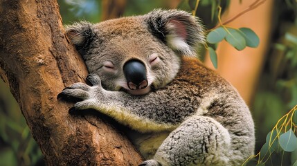 Fototapeta premium A koala sleeping in a eucalyptus tree