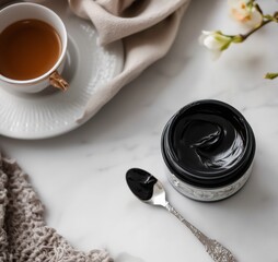 A high-quality shot of an open black jar filled with thick Shilajit resin, accompanied by a spoonful of the resin, placed beside a cup of tea and a cozy setup on a marble surface