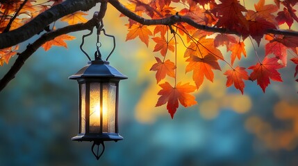A lantern hanging from a tree branch with colorful autumn leaves