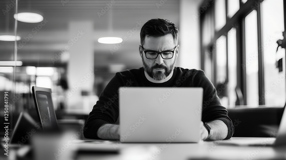 Poster focused man working on laptop in a modern office environment emphasizing productivity and technology
