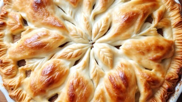 Close Up View of a Baked Golden Brown Apple Pie with Leaf Pattern Crust