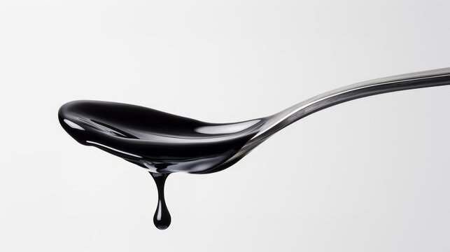 A close-up of Shilajit's black liquid resin dripping from a shiny silver spoon, against a minimalist white background.