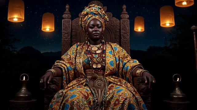 Regal thick black woman adorned in traditional attire seated on a throne under a starry sky with lanterns