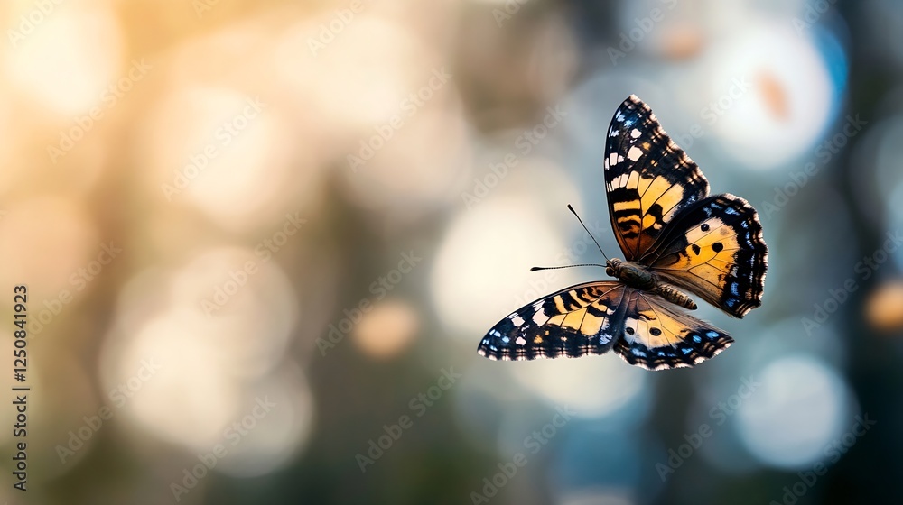 Poster colorful butterfly fluttering among soft natural bokeh light in a dreamy garden setting : generative