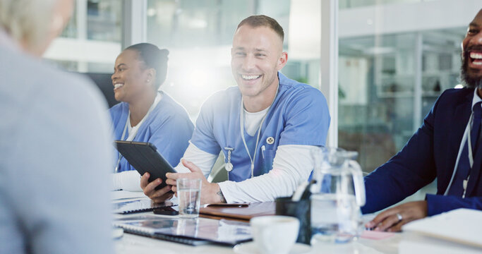 Hospital, management and people in meeting with tablet, smile or planning healthcare funding in office. Teamwork, nurses or doctors in budget proposal workshop for medical collaboration with investor