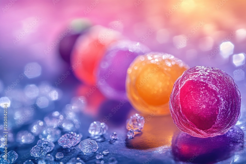Poster colorful candies arranged neatly on a table, perfect for photography or editorial use