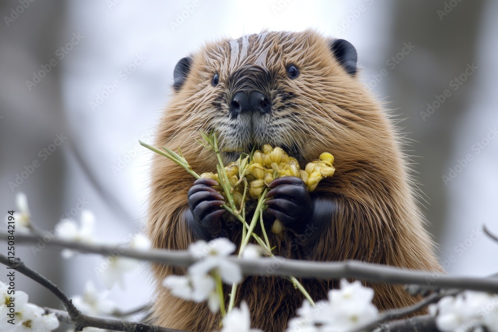 Poster a beaver munching on flowers in a tree branch