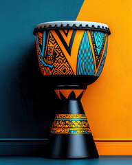 Colorful African drum with intricate patterns against vibrant wall