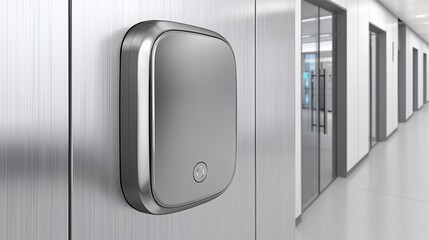 Modern digital key lock on brushed steel wall in office hallway. Possible use business, commercial, security