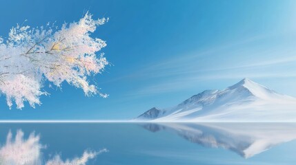 Fototapeta premium Serene landscape with snowy mountains and blooming branches against a blue sky.