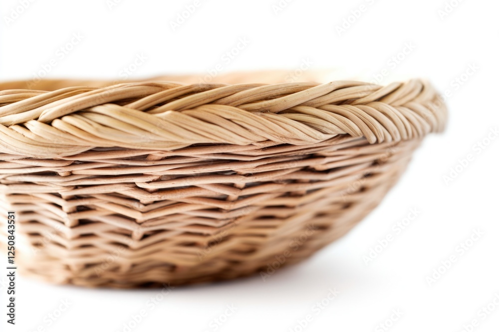Poster a traditional wicker basket on a clean white surface, perfect for use as a prop or decorative elemen