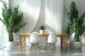 Fototapeta premium Bright dining room with wooden table, white chairs, large plants, sheer curtains, and window view